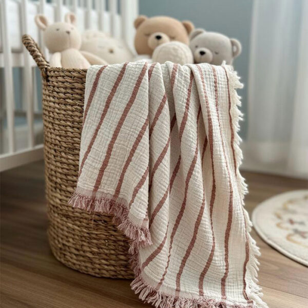 4 Katlı Müslin Bebek Battaniyesi - Çizgili Kiremit