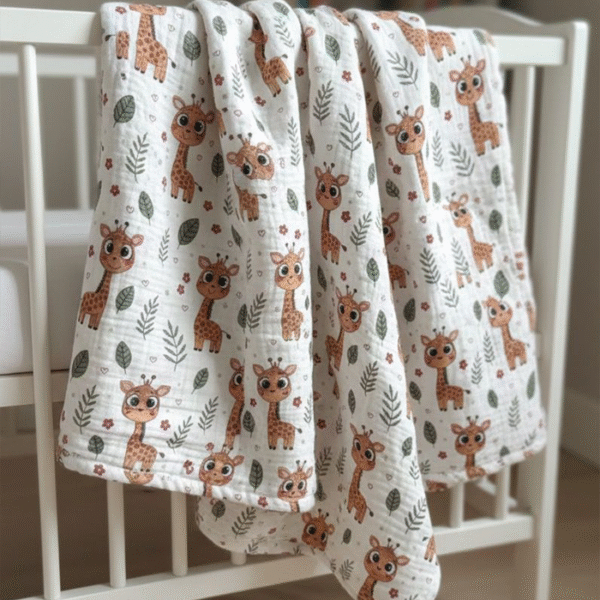 4 Katlı Müslin Bebek Battaniyesi - Zürafa Desenli