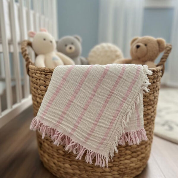 4 Katlı Müslin Bebek Battaniyesi - Çizgili Pembe